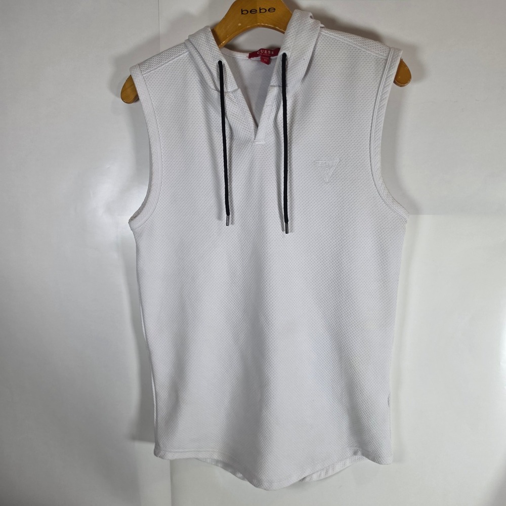GUESS Active Mens Sleeveless Hoodie White Mesh Knit Muscle Gym Vest XS